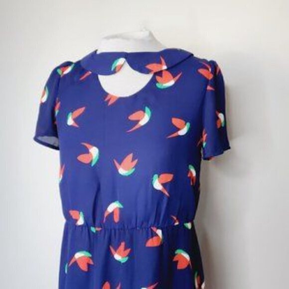 Modcloth Dress Retro Bird Print Navy Blue Peter Pan Collar M - Picture 10 of 12